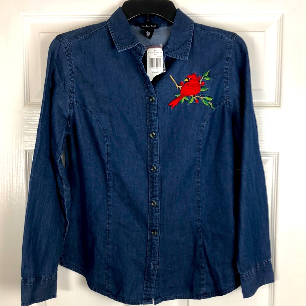 Long Sleeve Denim Top Blue with Red Cardinal Bird Small